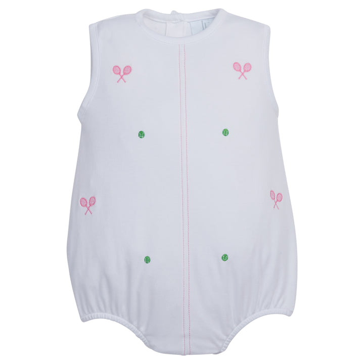 Little English traditional children's clothing, baby girl's casual white knit bubble for Spring with pink and green tennis-themed embroidery