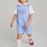 Little English toddler boy classic children’s apparel blue and white woven shortall with apple embroidery