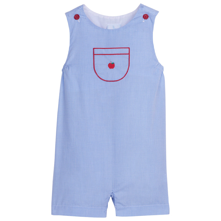 little english classic childrens clothing boys shortall in light blue plaid with embroidered apple on chest