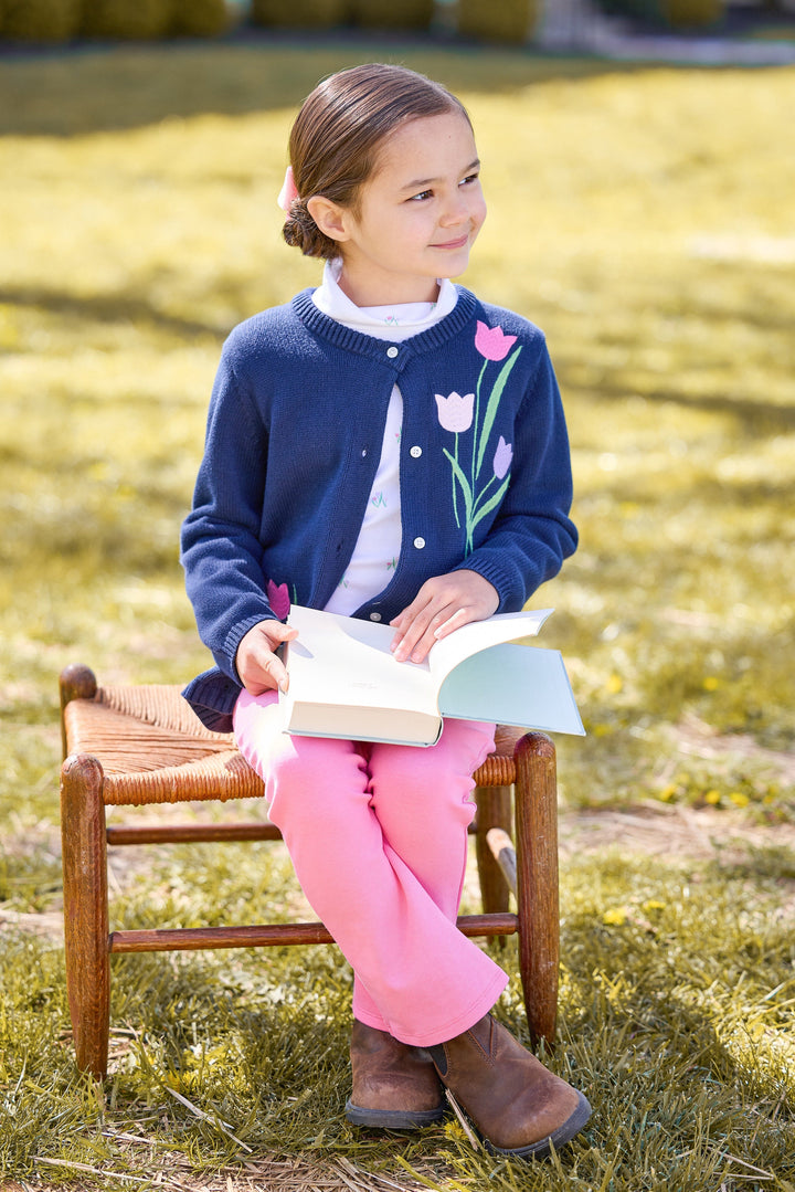 little english classic children's clothing, girls navy cardigan with pink and purple embroidered tulips, turtleneck with tulip print, kick flare leggings in hot pink, girls outfit for fall 