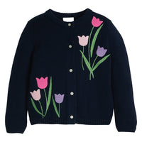 little english classic children's clothing, girls navy cardigan with pink and purple embroidered tulips 