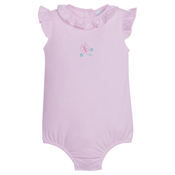 Little English baby girl's pink knit bubble with ruffled collar and butterfly embroidery