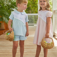 Little English classic short set with applique bunnies on front of shirt and elastic shorts