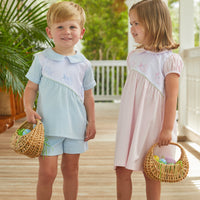 Little English classic short set with applique bunnies on front of shirt and elastic shorts