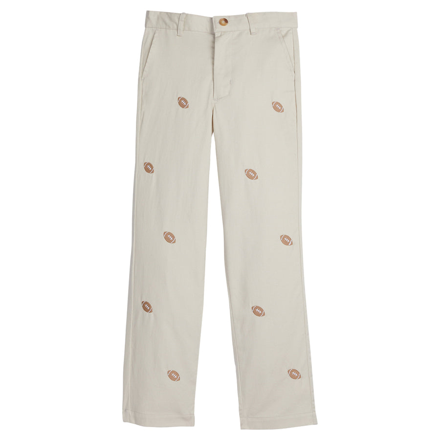 Little English classic children's clothing. Classic khaki pants with multi football embroidery for boys