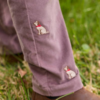 Little English traditional children's clothing.  Classic chocolate brown corduroy pants with seated lab embroidery for boys.