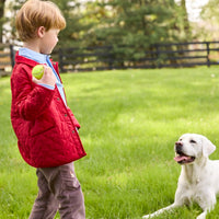 Little English traditional children's clothing.  Classic long sleeve light blue polo and chocolate brown corduroy pants with seated lab embroidery for boys. Layered with red quilted jacket with corduroy details.