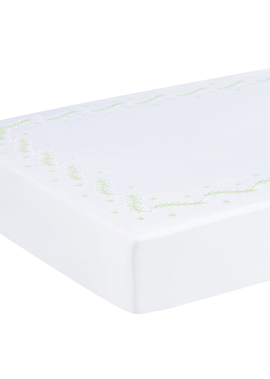Little English classic nursery goods for baby, white crib sheet with simple light green embroidery along the edges for baby