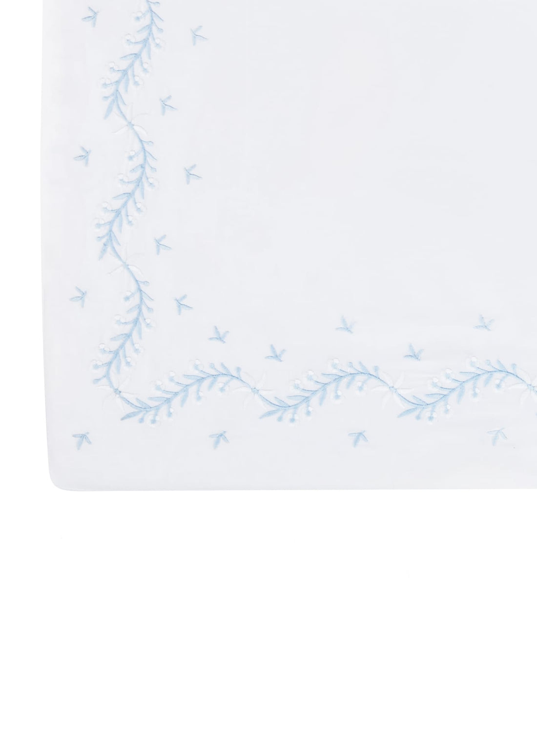 Little English classic nursery goods for baby, white crib sheet with simple light blue embroidery along the edges for baby