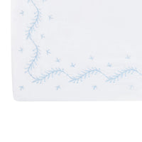 Little English classic nursery goods for baby, white crib sheet with simple light blue embroidery along the edges for baby