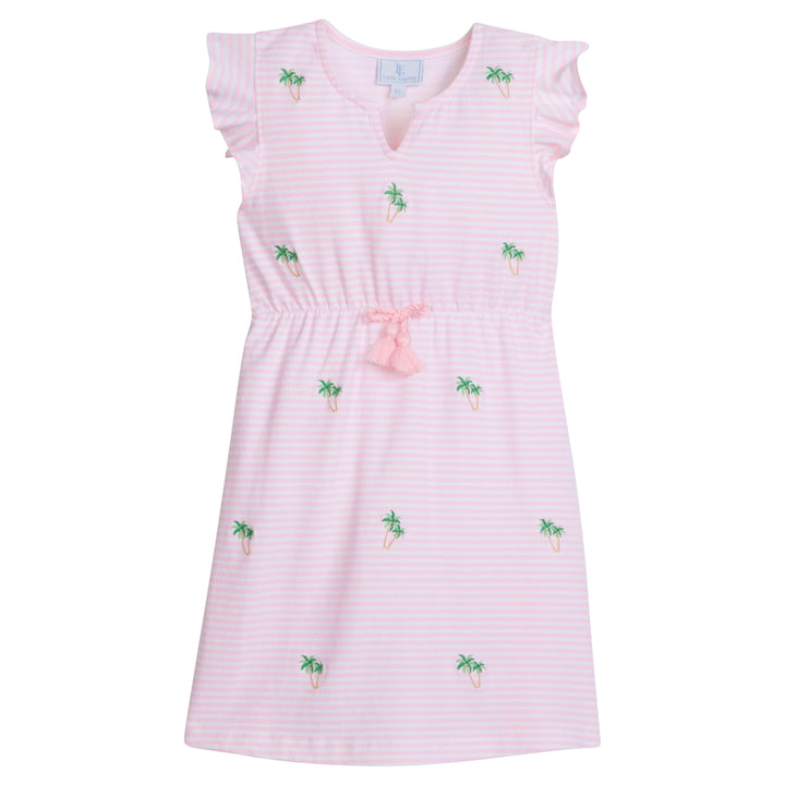 Little English traditional children's clothing, girl's casual light pink striped flutter-sleeve dress with drawstring waist and embroidered palm trees for Summer