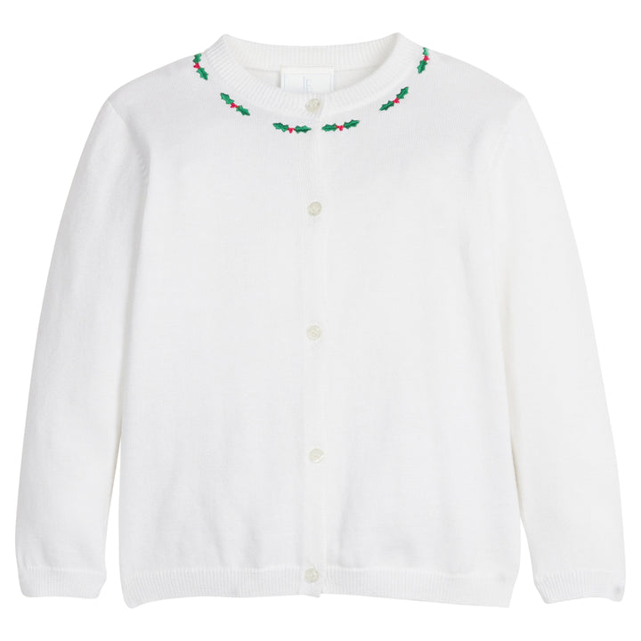 little english classic children's clothing girls white cardigan with embroidered holly along collar for holiday 