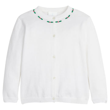 little english classic children's clothing girls white cardigan with embroidered holly along collar for holiday 