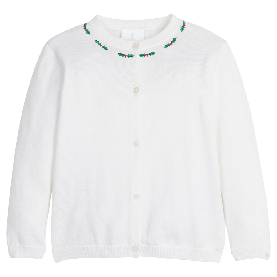 little english classic children's clothing girls white cardigan with embroidered holly along collar for holiday 