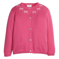 little english classic children's clothing, girls hot pink cardigan with embroidered bows along the neck 