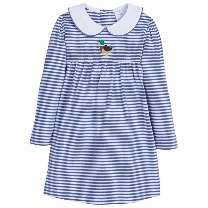little english classic childrens clothing girls dark blue and white striped girls dress with peter pan collar and embroidered mallard on front