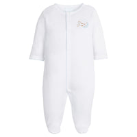 little english classic children's clothing white footie with cow and moon embroidery with light blue picot trim for baby boy 