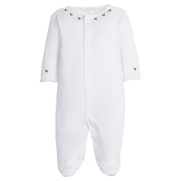 little english classic children's clothing, white footie with red holly embroidery with picot trim for baby girl for holiday