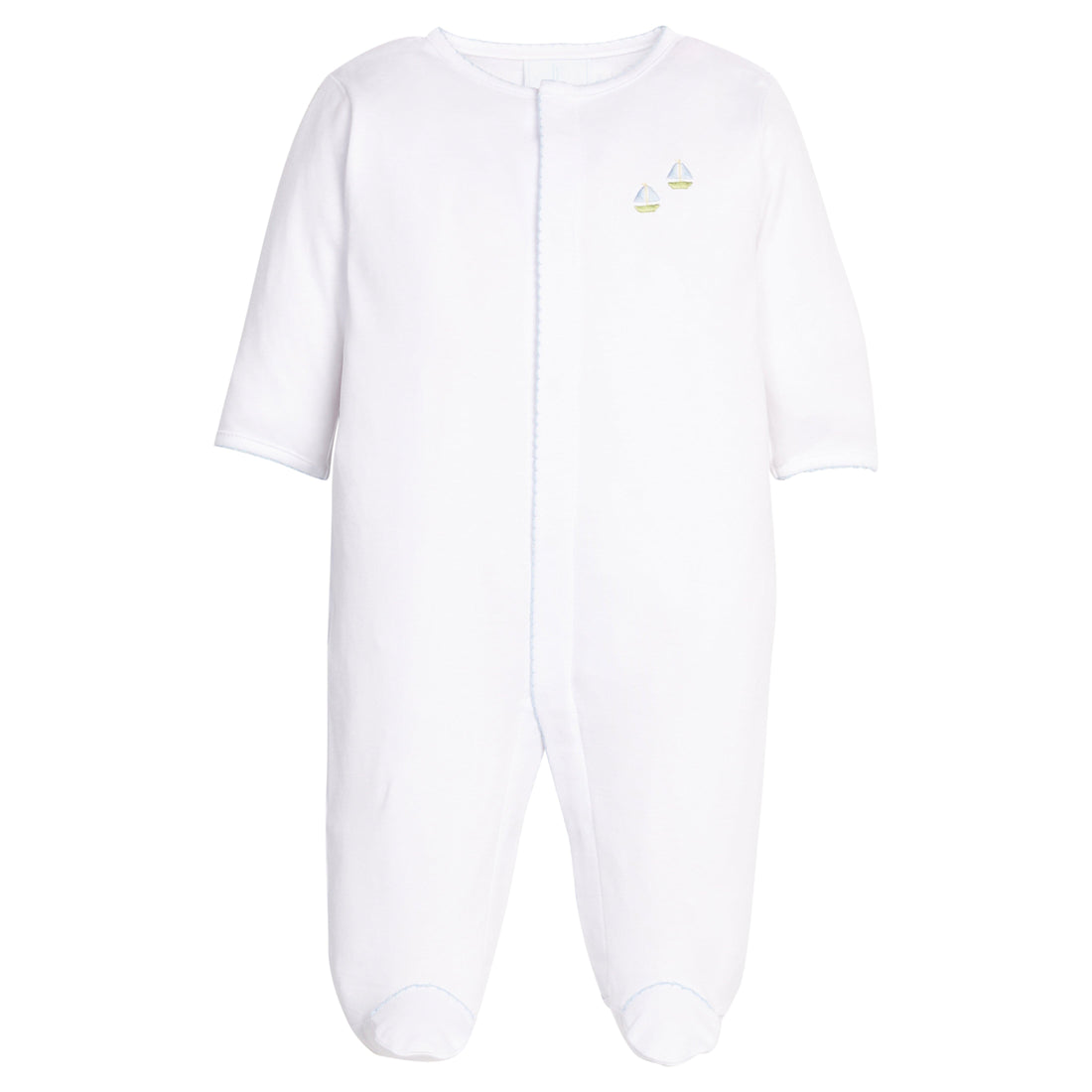 Little English classic white twill footie with sailboat embroidery on chest, for baby 
