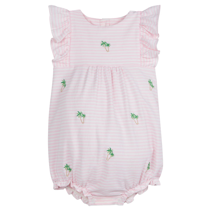Little English traditional children's clothing, baby girl's casual light pink striped flutter-sleeve bubble with embroidered palm trees for Summer