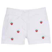 Little English classic children's clothing, girl's traditional flat front short with adjustable waist in white twill with embroidered strawberries