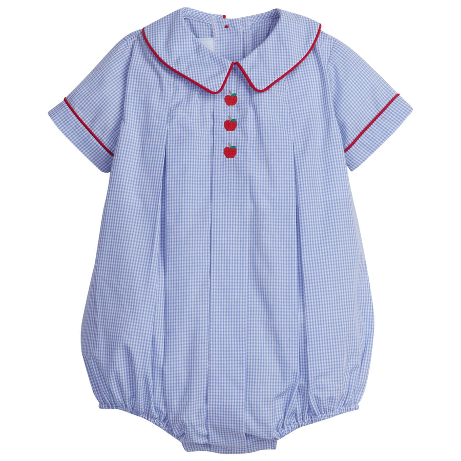 little english classic childrens clothing boys blue gingham bubble with embroidered apples on chest and red piping detail