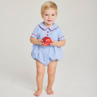 Little English baby boy's classic blue and white gingham woven bubble with apple embroidery