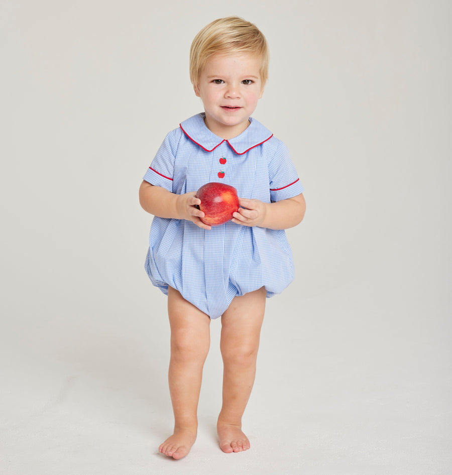 Little English baby boy's classic blue and white gingham woven bubble with apple embroidery