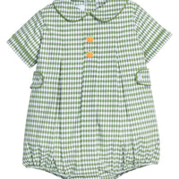 Little English traditional children's clothing.  Short sleeve peter pan bubble in green watercress gingham with tonal piping, button tabs, and pumpkin embroidery down front for baby boys