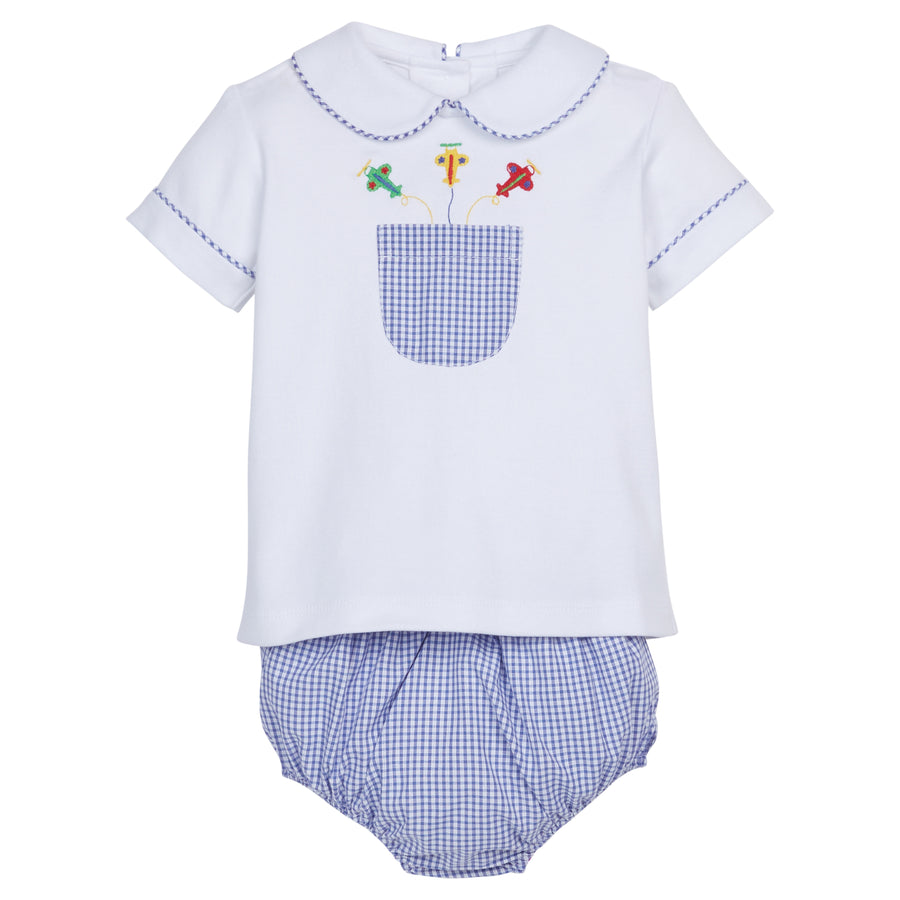Little English traditional children's clothing, baby boy's classic diaper set for Summer, peter pan collar top with blue check piping and pocket and embroidered airplanes, blue check pull on diaper cover