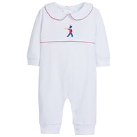 boys super soft white playsuit with embroidered toy solider with red trim