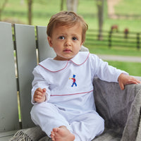 Little English classic baby boys white playsuit with red trim and toy soldier embroidery on chest