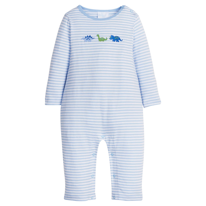 little english classic children's clothing white and light blue striped long sleeve romper with embroidered dinosaurs for baby boys 