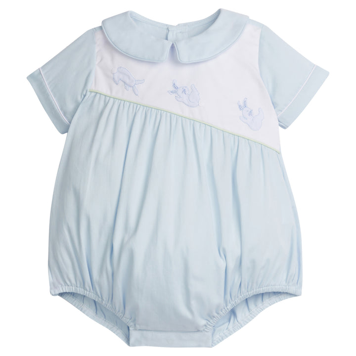 Little English traditional children's clothing, baby boy's blue woven bubble for Spring, with peter pan collar and tumbling embroidered bunnies, Easter outfit