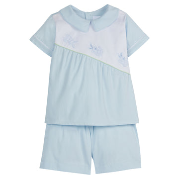 Little English traditional short set for easter, classic children's easter outfit with embroidered bunnies on light blue pique