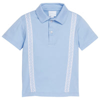 Little English x Mi Golondrina blue cotton polo for spring, boy's short sleeve polo with white embroidery