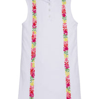 Little English x Mi Golondrina white cotton dress for spring, girl's sleeveless polo dress with multicolored embroidery