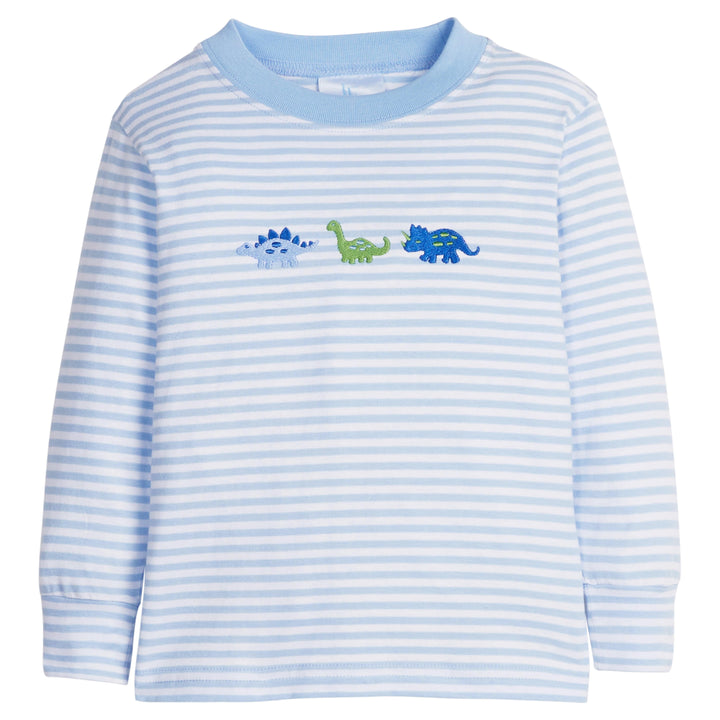 little english classic children's clothing white and light blue striped long sleeve shirt with embroidered dinosaurs for boys 