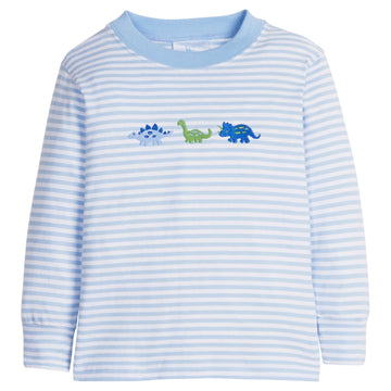 little english classic children's clothing white and light blue striped long sleeve shirt with embroidered dinosaurs for boys 