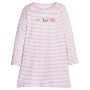little english classic children's clothing white and light pink striped long sleeve dress with pink and green embroidered dinosaurs for girls 