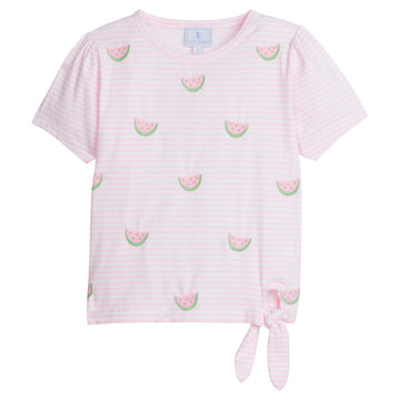 Little English traditional children's clothing, girl's casual pink and white stripe tee with tie detail at the hem and applique watermelons for Summer