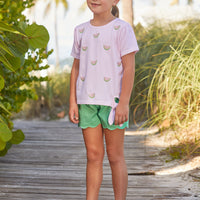 Little English classic children's clothing, girl's elastic waist shorts with scallop hem in green twill