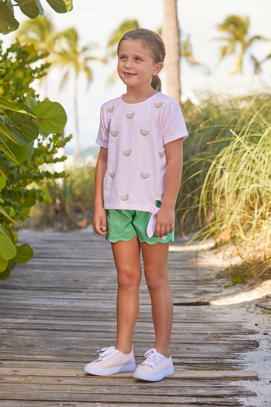 Little English classic children's clothing, girl's elastic waist shorts with scallop hem in green twill