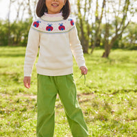 Little English classic toddler girl ivory knit sweater with lady bug motif around neckline