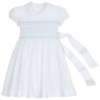 Little English traditional girl's clothing, classic smocked dress for toddler girls with peter pan collar and sash, little girl's flower girl dress with light blue smocking