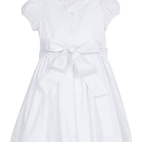 Little English traditional girl's clothing, classic smocked dress for toddler girls with peter pan collar and sash, little girl's flower girl dress with light pink smocking