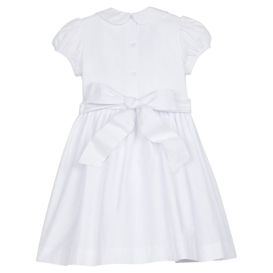 Little English traditional girl's clothing, classic smocked dress for toddler girls with peter pan collar and sash, little girl's flower girl dress with white smocking