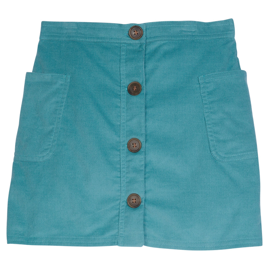 Little English traditional girls button front skirt in blue green corduroy for fall
