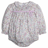 little english classic children's clothing girls lavender floral bubble with light purple velvet bow and ruffle collar for fall