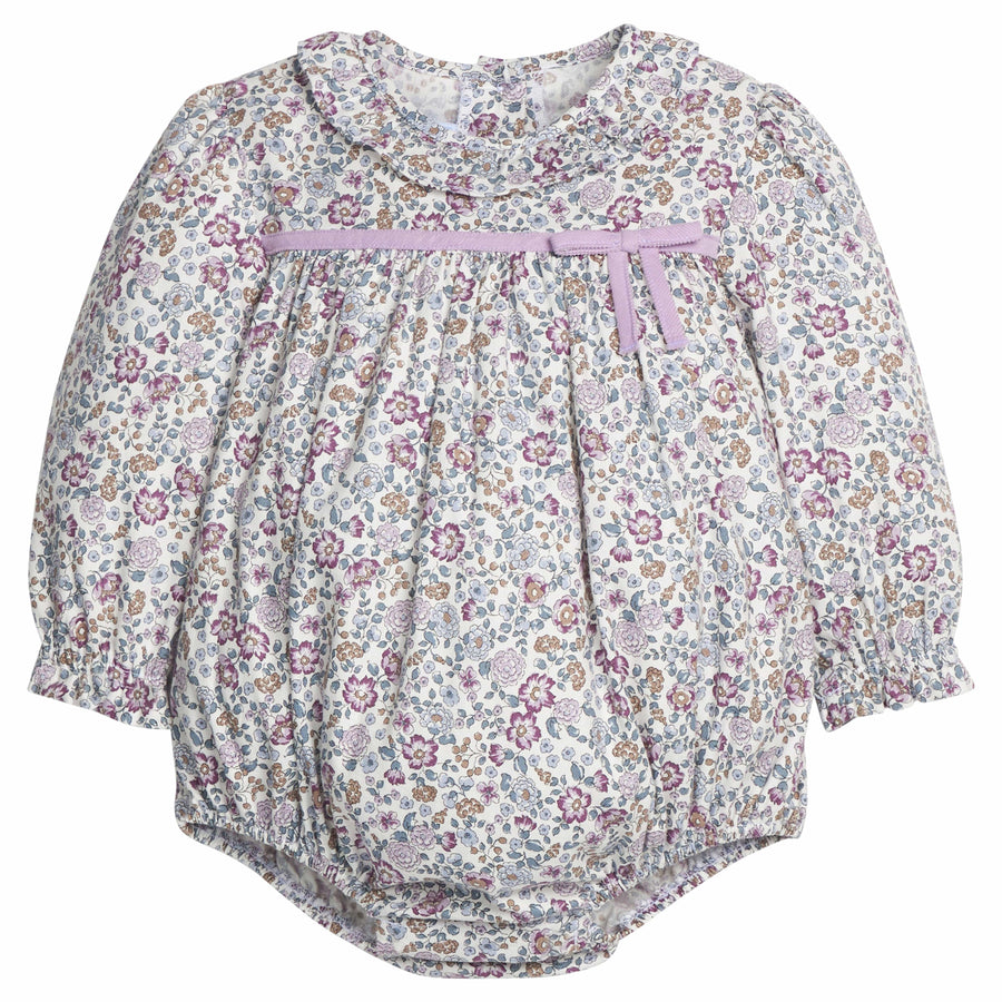 little english classic children's clothing girls lavender floral bubble with light purple velvet bow and ruffle collar for fall